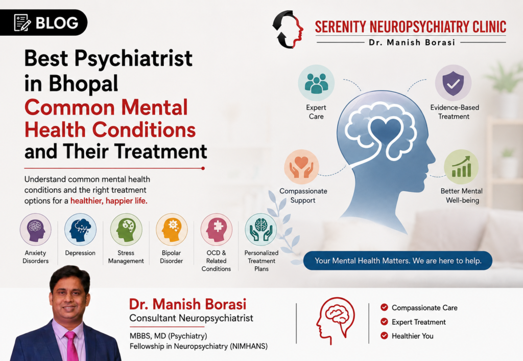 Infographic about common mental health conditions and treatment options, highlighting anxiety disorders, depression, stress, bipolar disorder, OCD-related conditions, and personalized treatment plans.